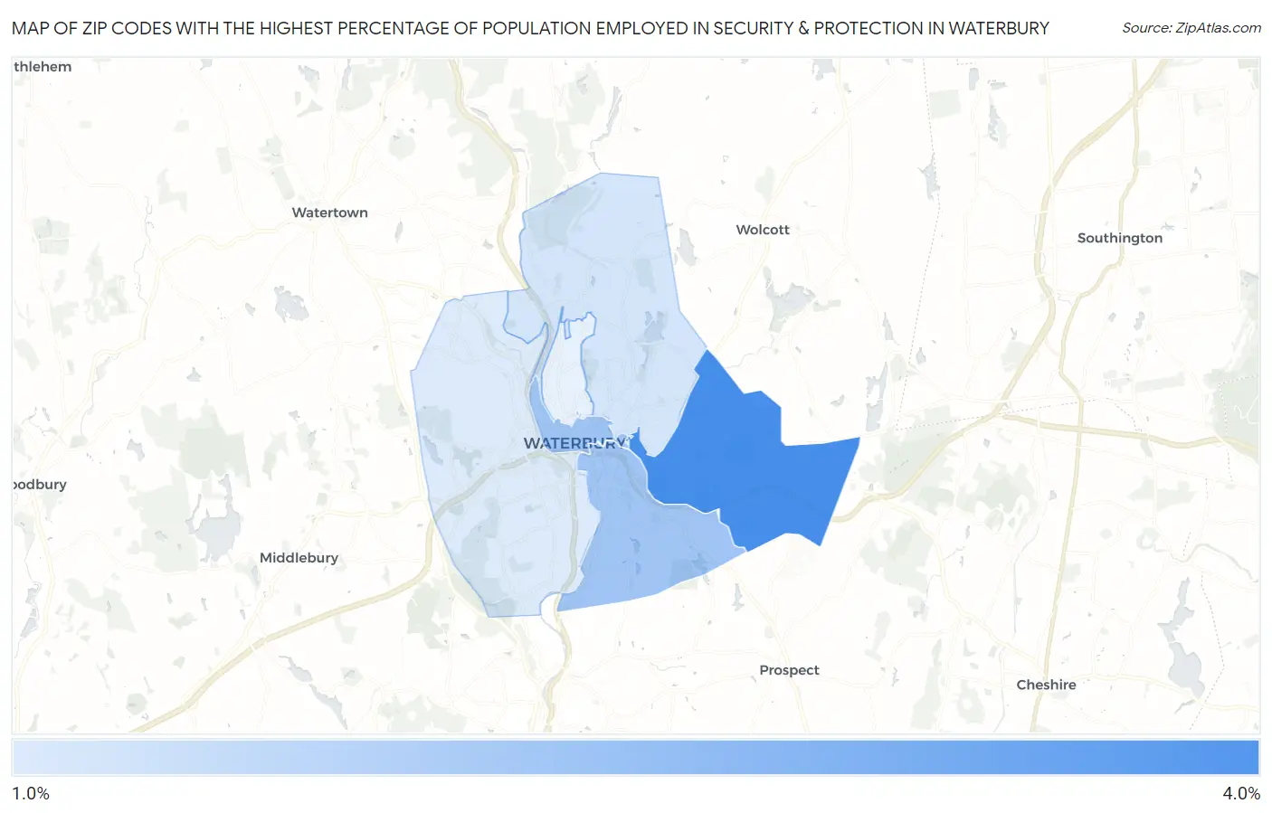 Zip Codes with the Highest Percentage of Population Employed in Security & Protection in Waterbury Map