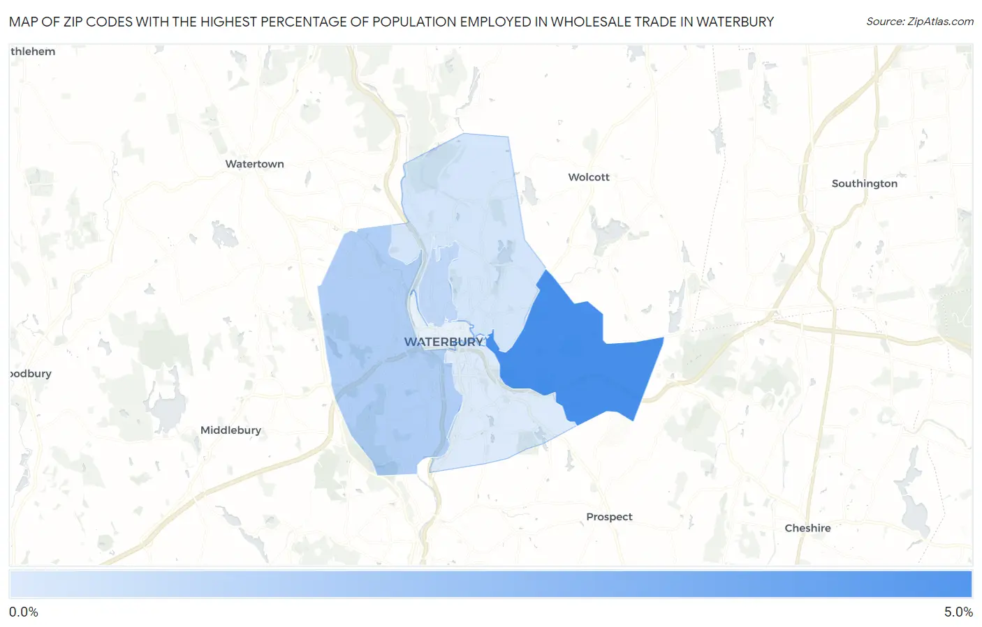 Zip Codes with the Highest Percentage of Population Employed in Wholesale Trade in Waterbury Map