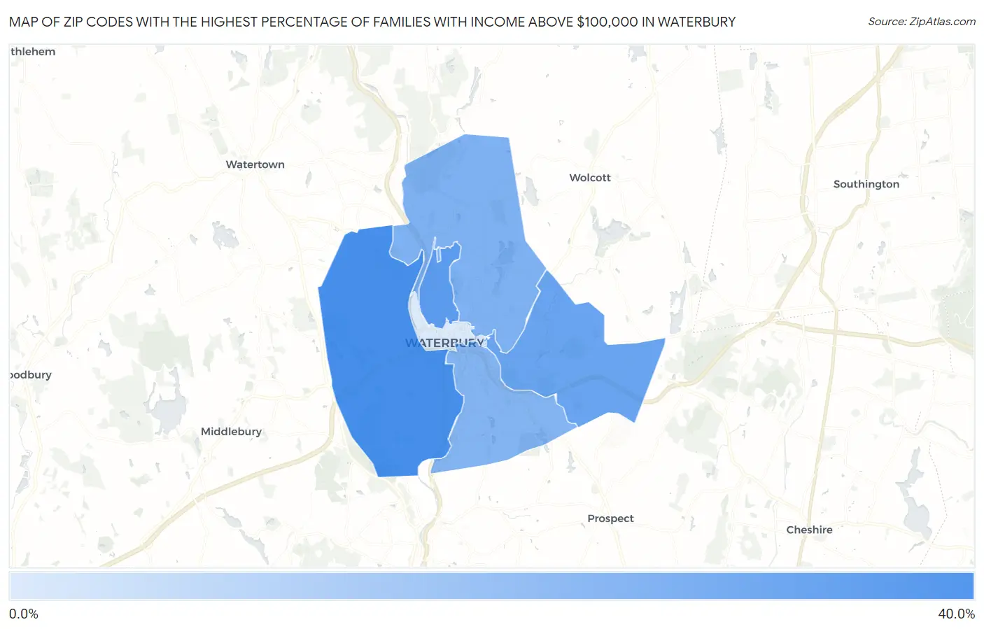 Zip Codes with the Highest Percentage of Families with Income Above $100,000 in Waterbury Map