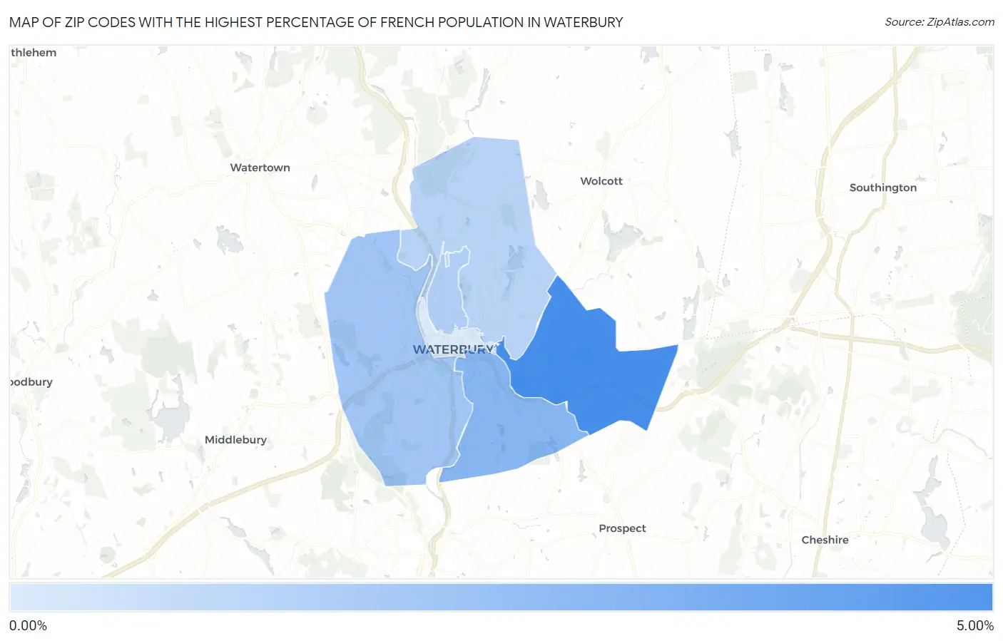 Zip Codes with the Highest Percentage of French Population in Waterbury Map