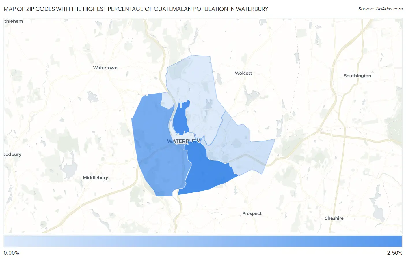 Zip Codes with the Highest Percentage of Guatemalan Population in Waterbury Map