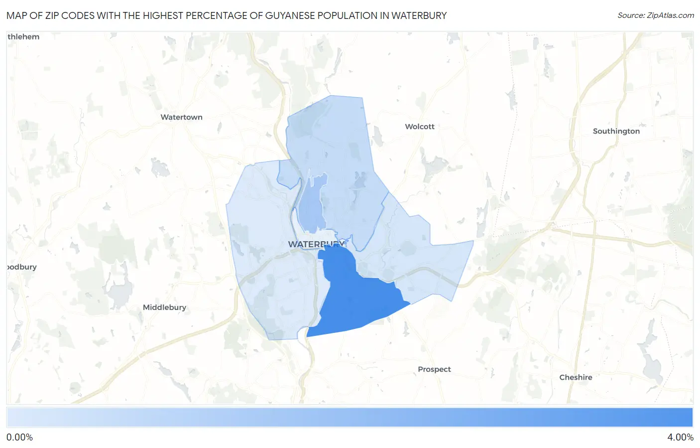 Zip Codes with the Highest Percentage of Guyanese Population in Waterbury Map