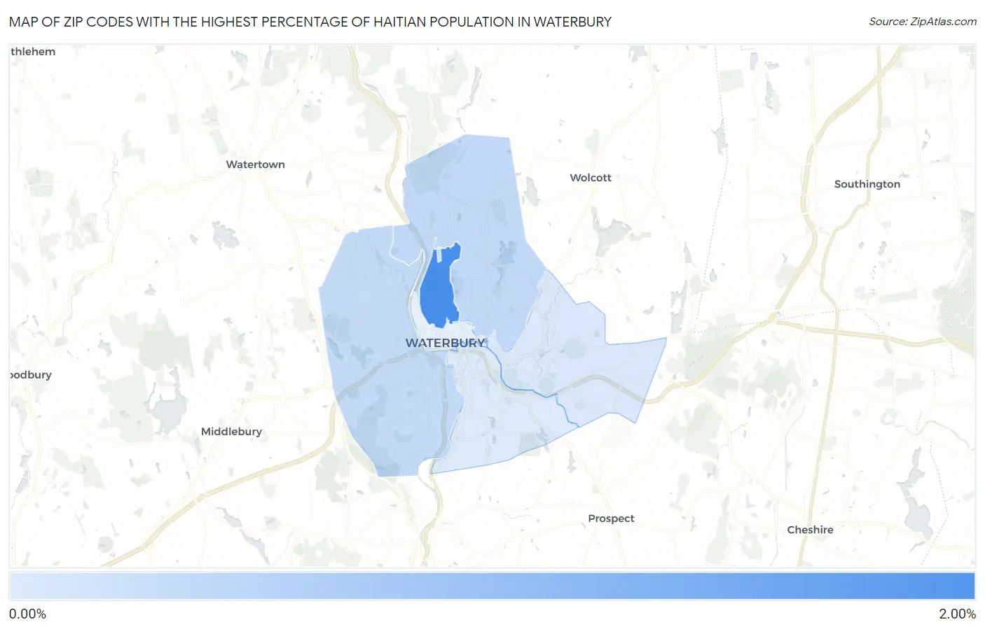 Zip Codes with the Highest Percentage of Haitian Population in Waterbury Map