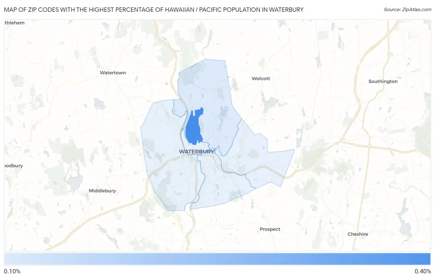 Zip Codes with the Highest Percentage of Hawaiian / Pacific Population in Waterbury Map