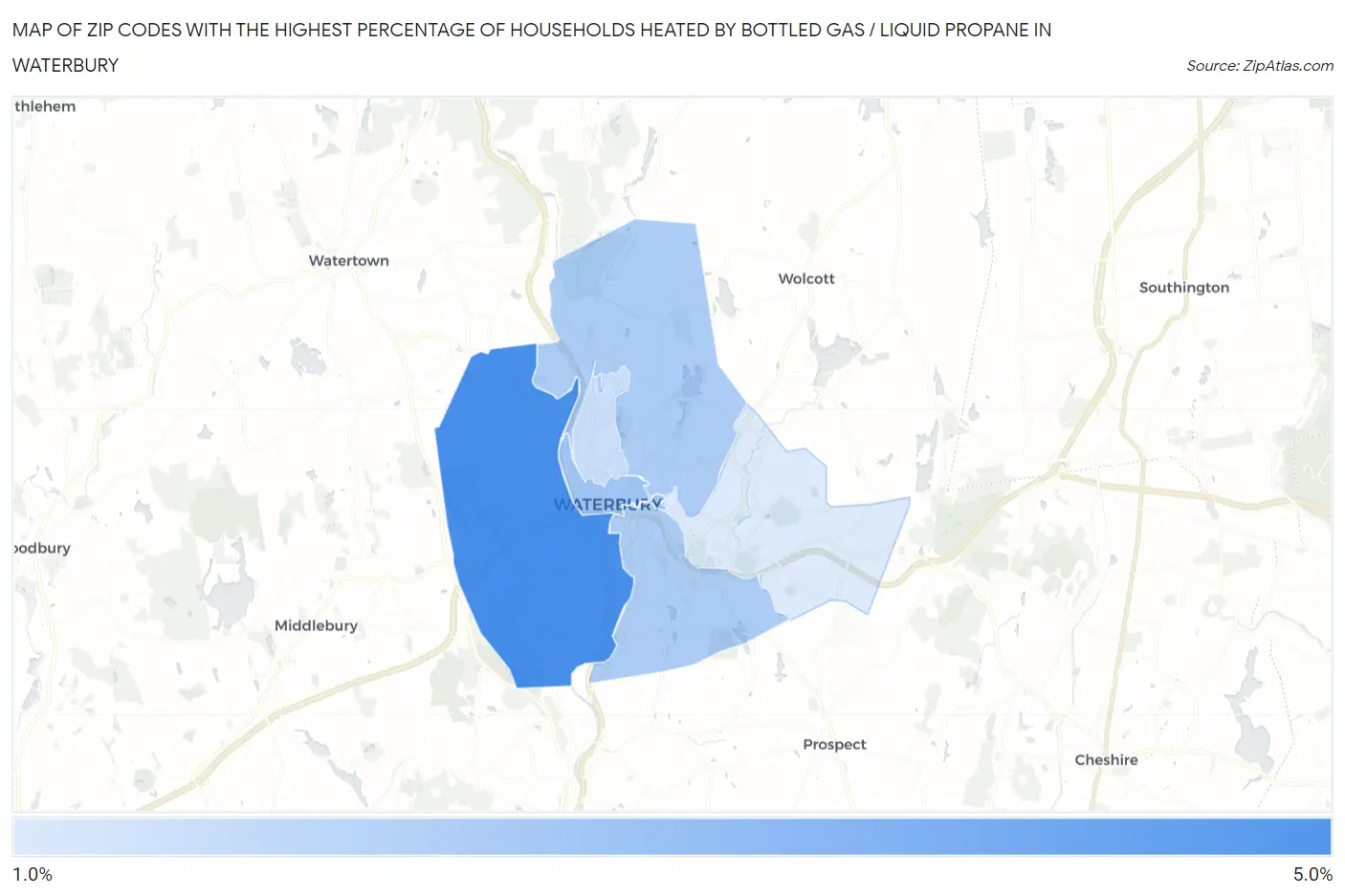 Zip Codes with the Highest Percentage of Households Heated by Bottled Gas / Liquid Propane in Waterbury Map