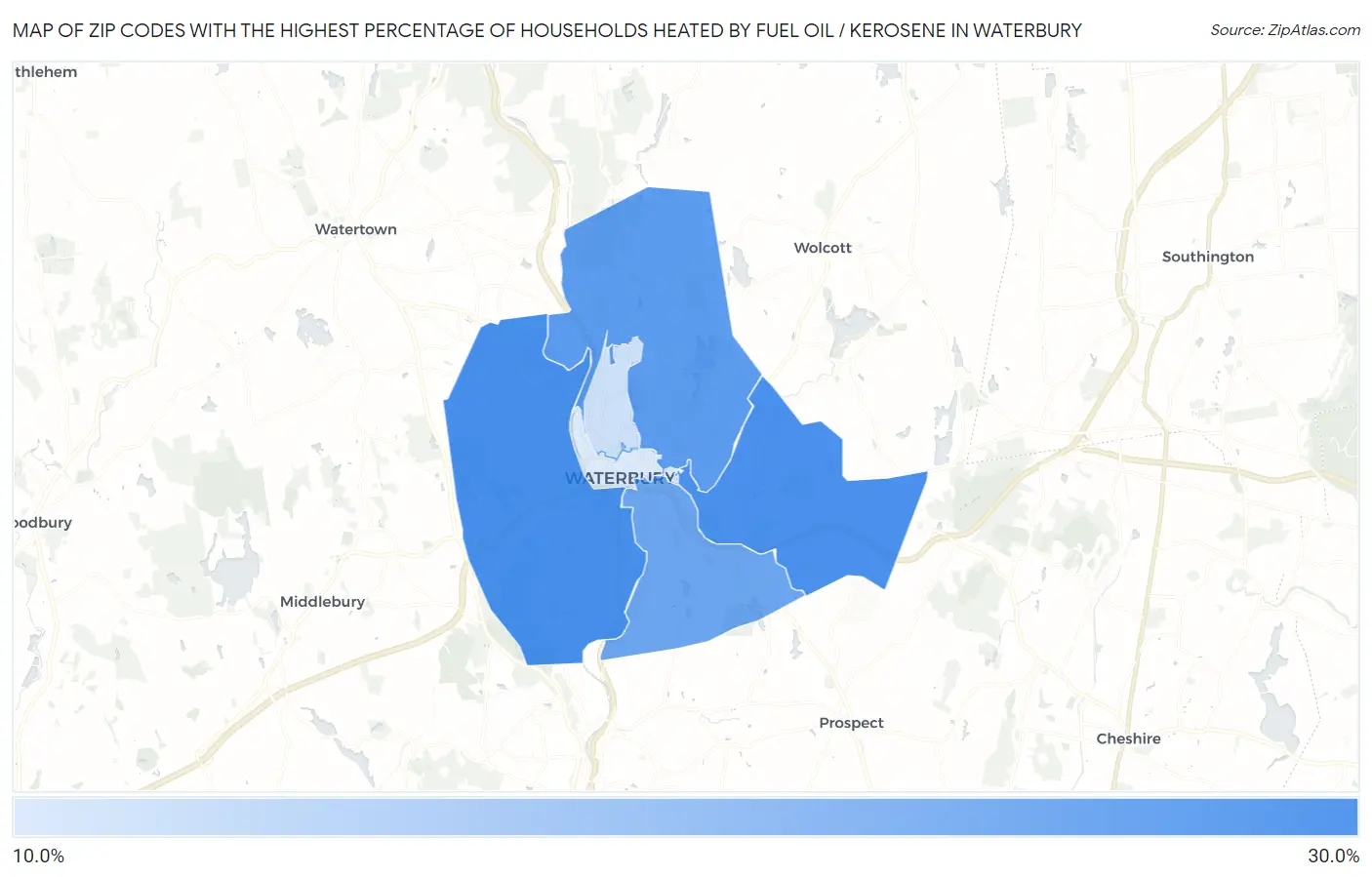 Zip Codes with the Highest Percentage of Households Heated by Fuel Oil / Kerosene in Waterbury Map
