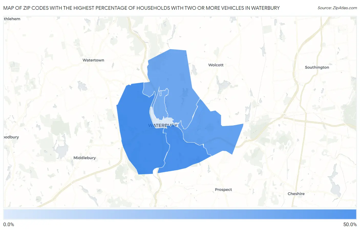 Zip Codes with the Highest Percentage of Households With Two or more Vehicles in Waterbury Map