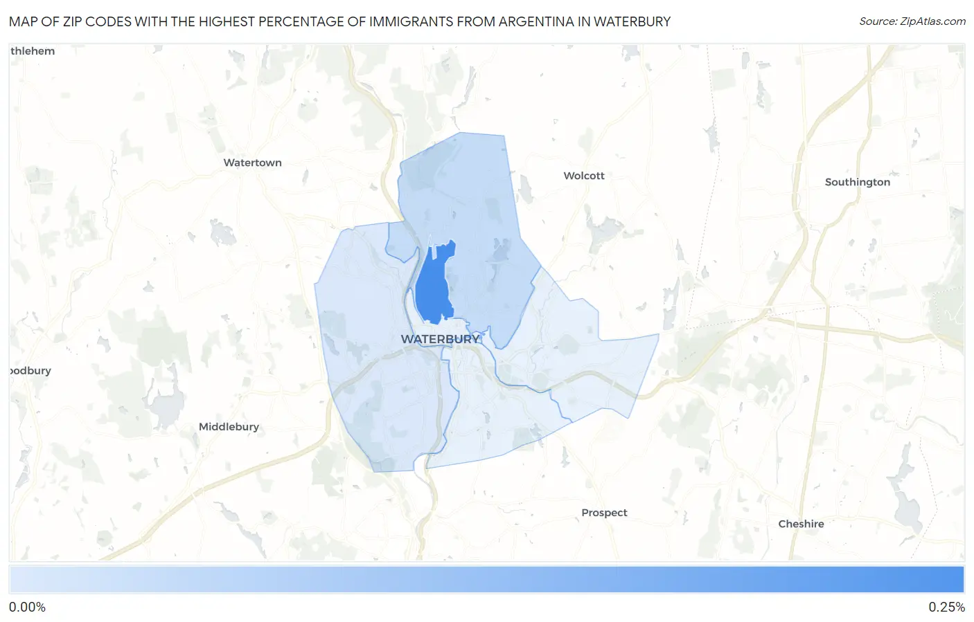 Zip Codes with the Highest Percentage of Immigrants from Argentina in Waterbury Map