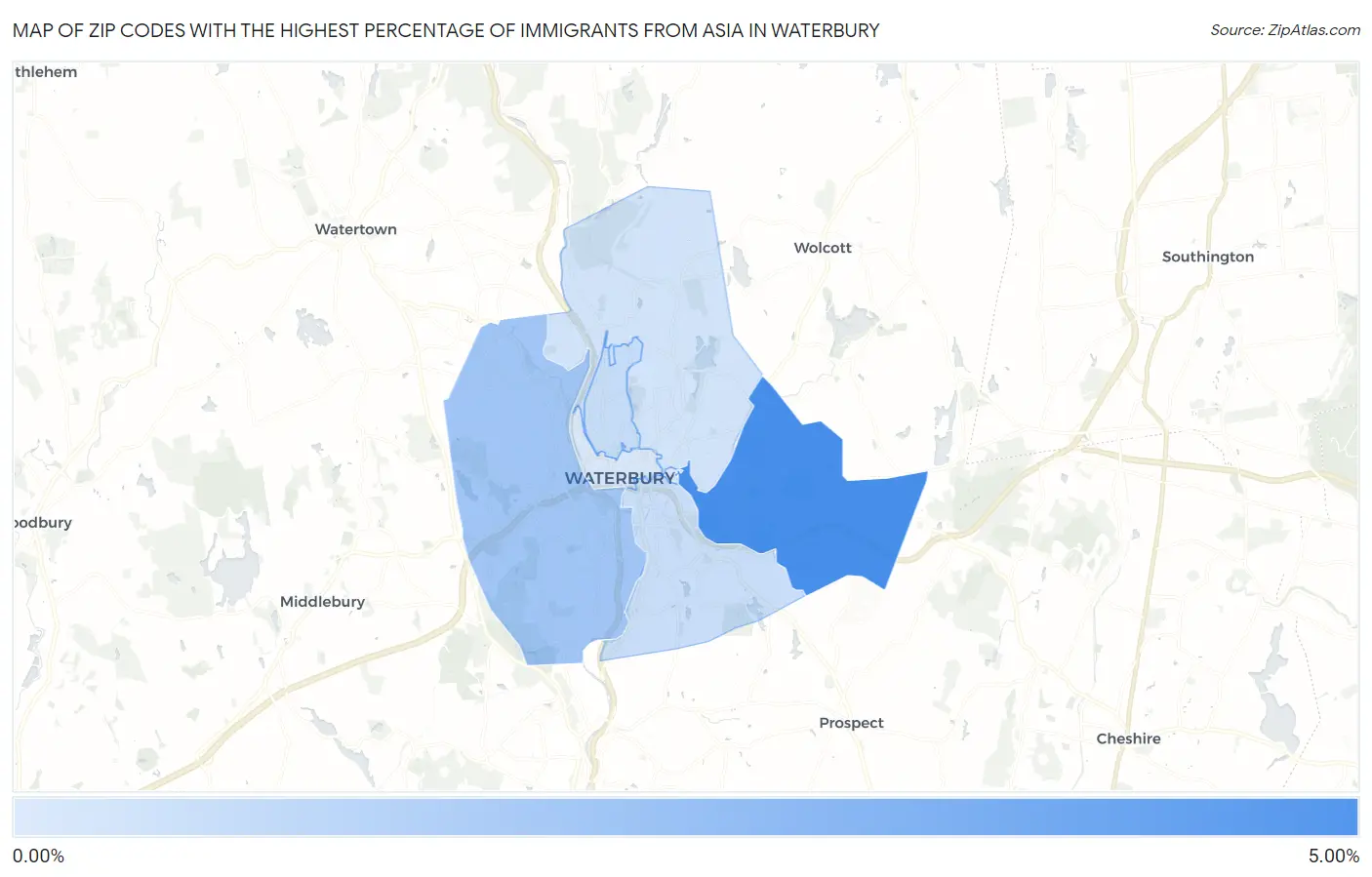 Zip Codes with the Highest Percentage of Immigrants from Asia in Waterbury Map