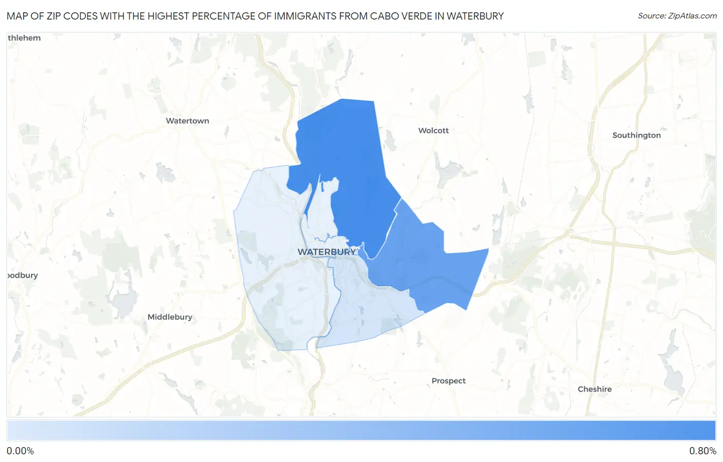 Zip Codes with the Highest Percentage of Immigrants from Cabo Verde in Waterbury Map