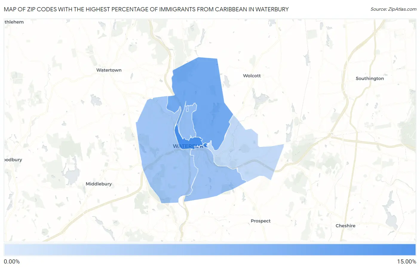 Zip Codes with the Highest Percentage of Immigrants from Caribbean in Waterbury Map
