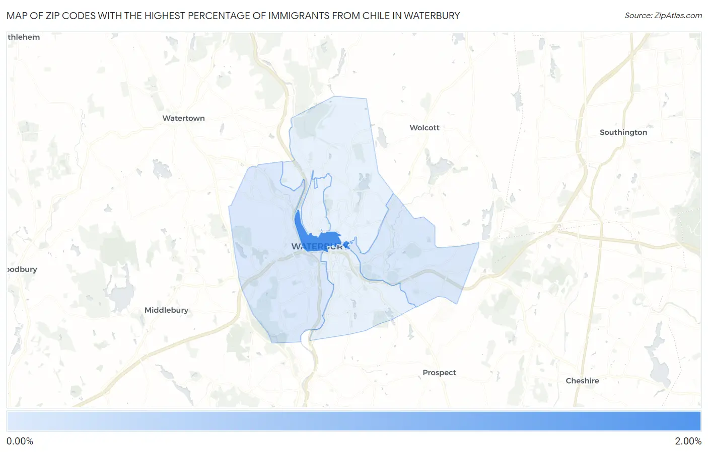 Zip Codes with the Highest Percentage of Immigrants from Chile in Waterbury Map
