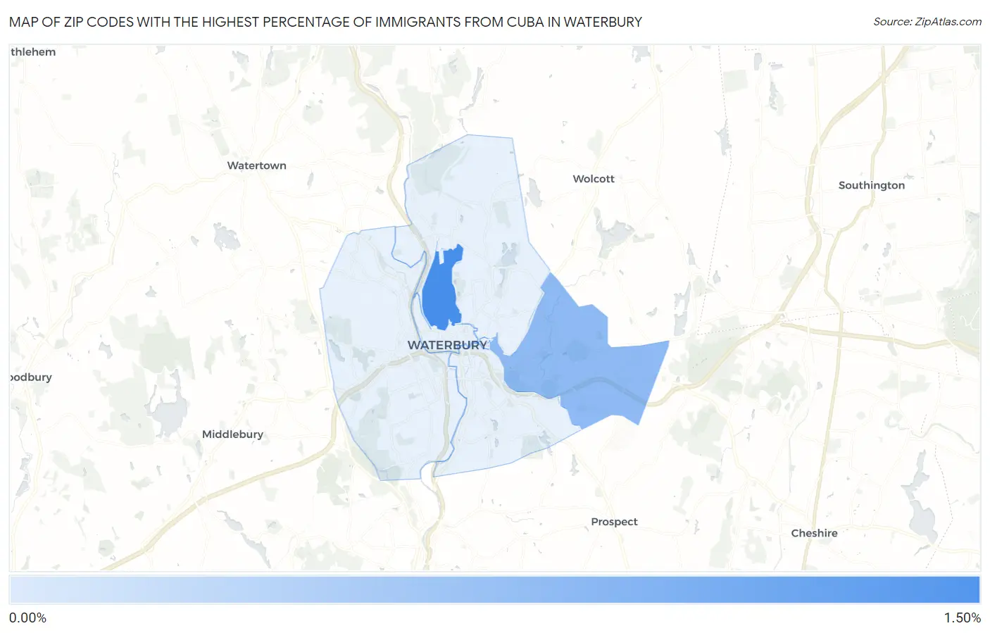 Zip Codes with the Highest Percentage of Immigrants from Cuba in Waterbury Map