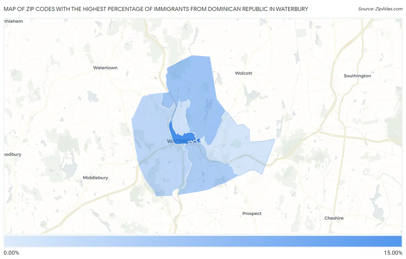 Zip Codes with the Highest Percentage of Immigrants from Dominican Republic in Waterbury Map