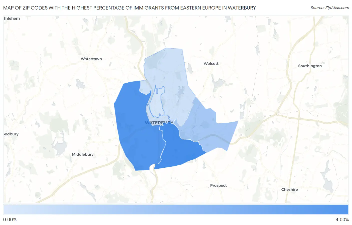 Zip Codes with the Highest Percentage of Immigrants from Eastern Europe in Waterbury Map