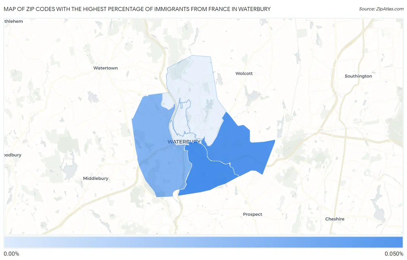 Zip Codes with the Highest Percentage of Immigrants from France in Waterbury Map