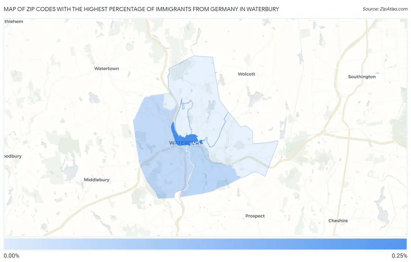 Zip Codes with the Highest Percentage of Immigrants from Germany in Waterbury Map