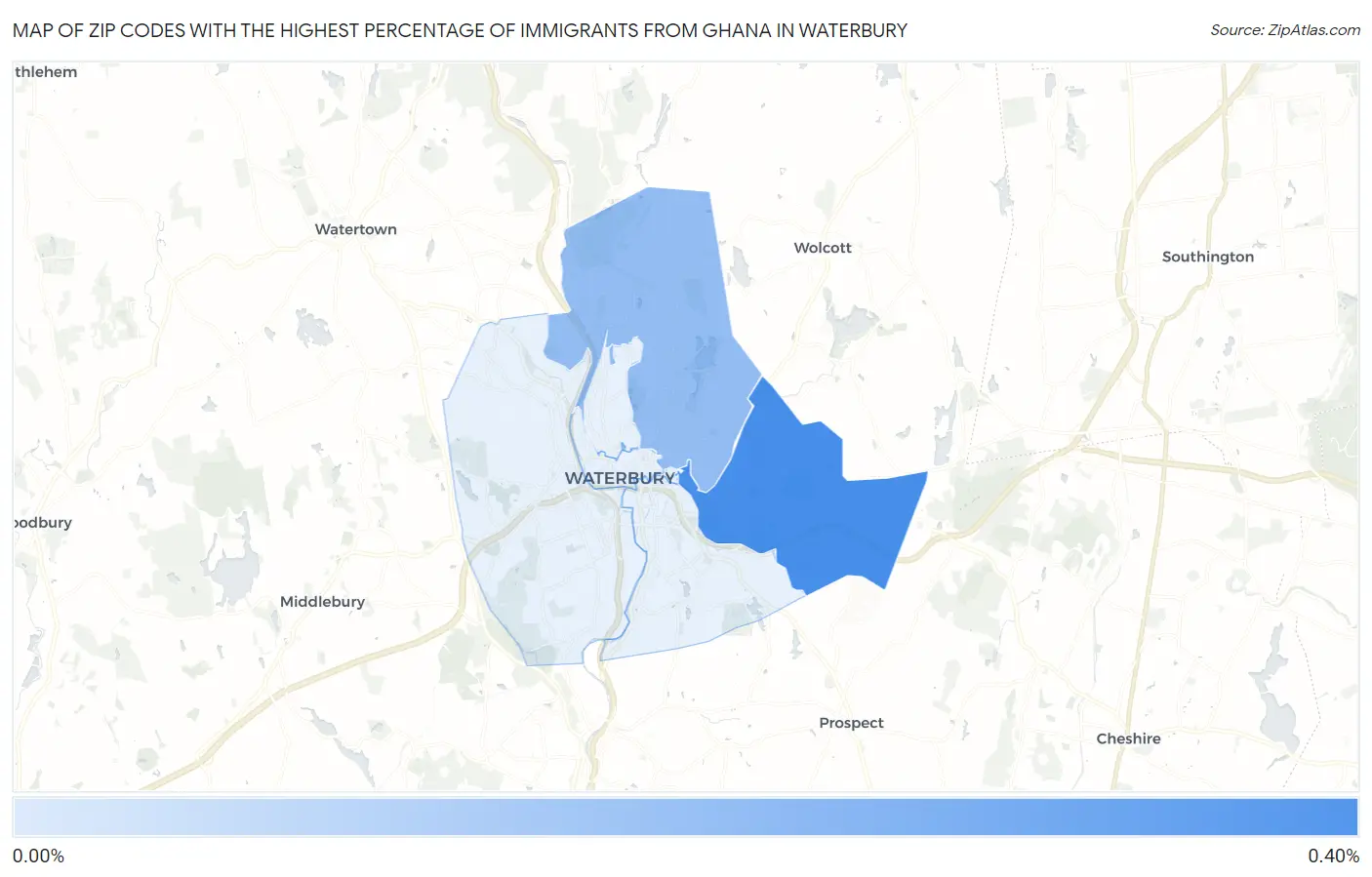 Zip Codes with the Highest Percentage of Immigrants from Ghana in Waterbury Map