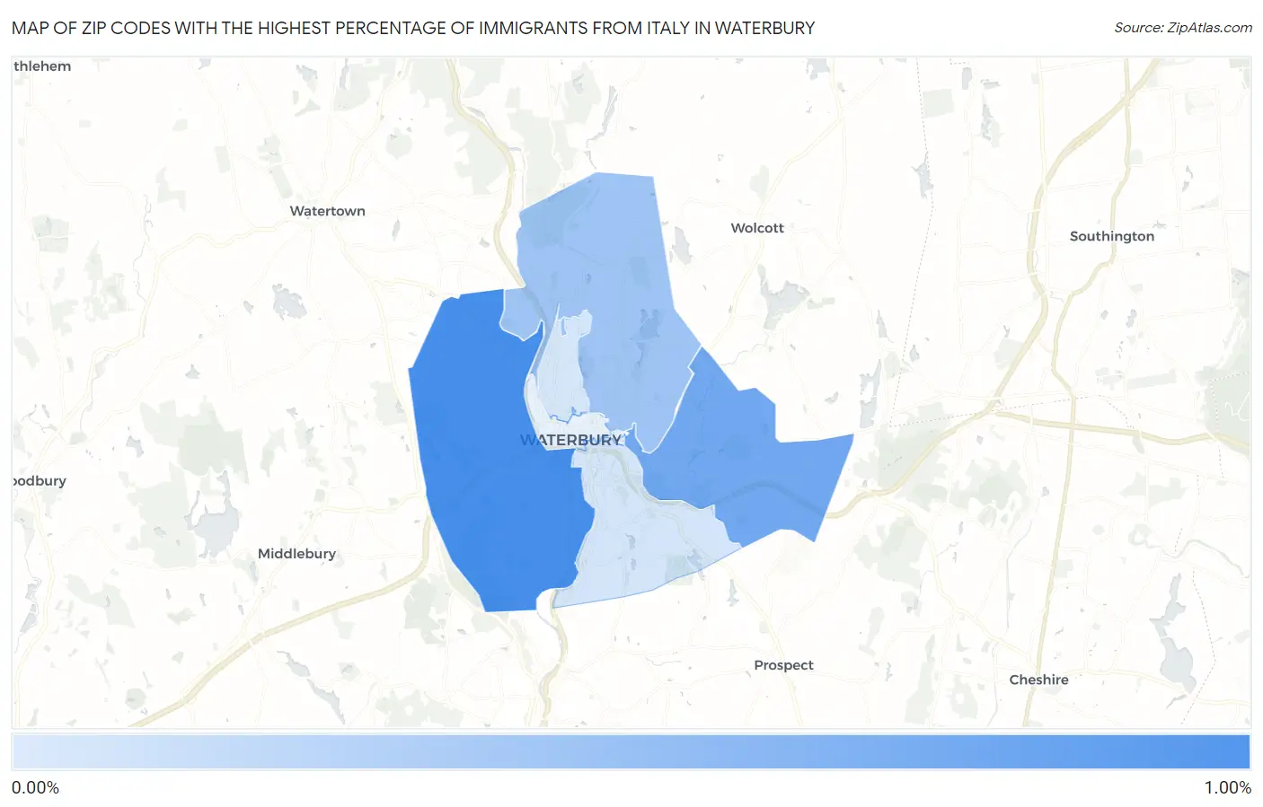Zip Codes with the Highest Percentage of Immigrants from Italy in Waterbury Map