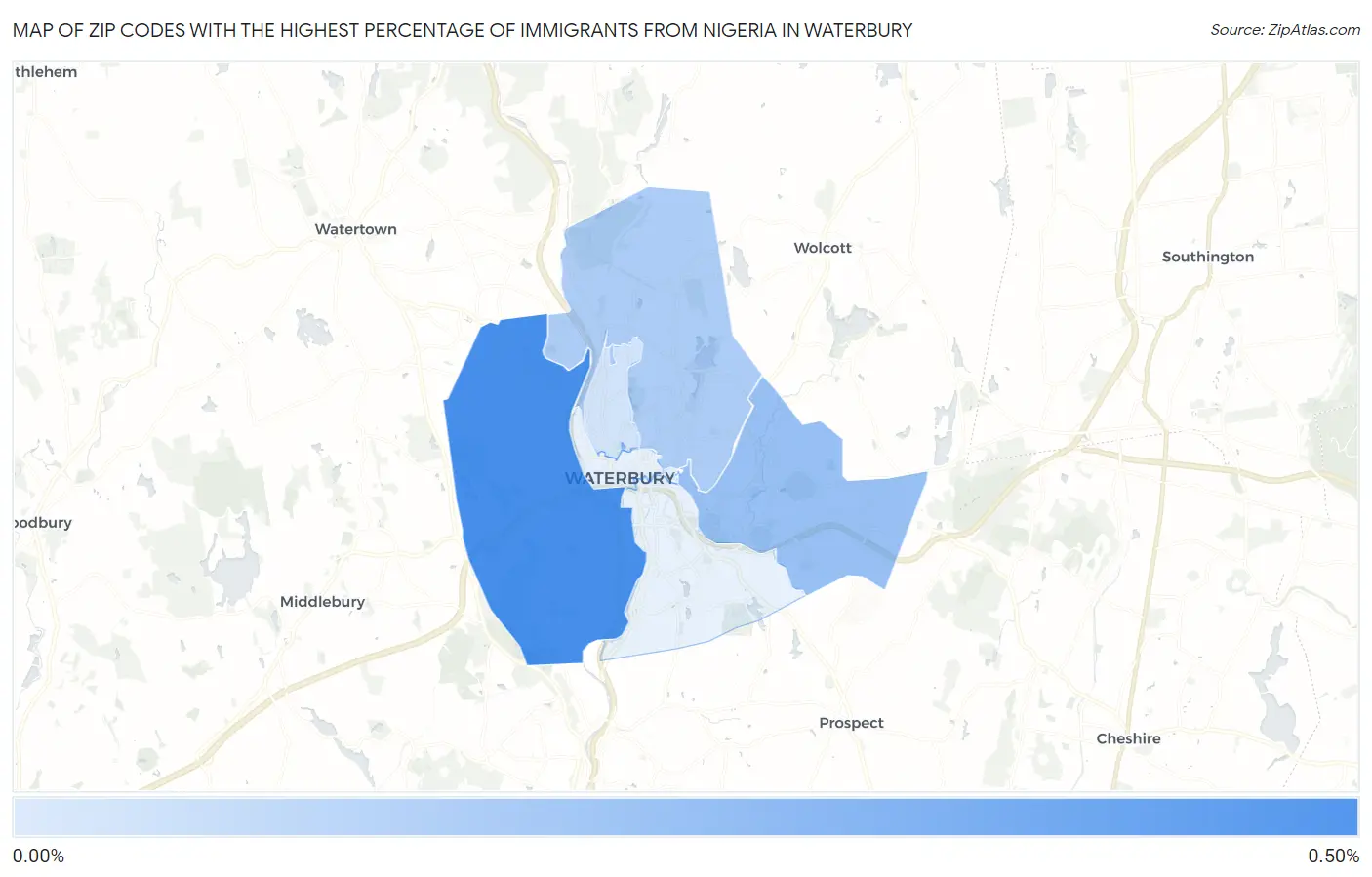 Zip Codes with the Highest Percentage of Immigrants from Nigeria in Waterbury Map