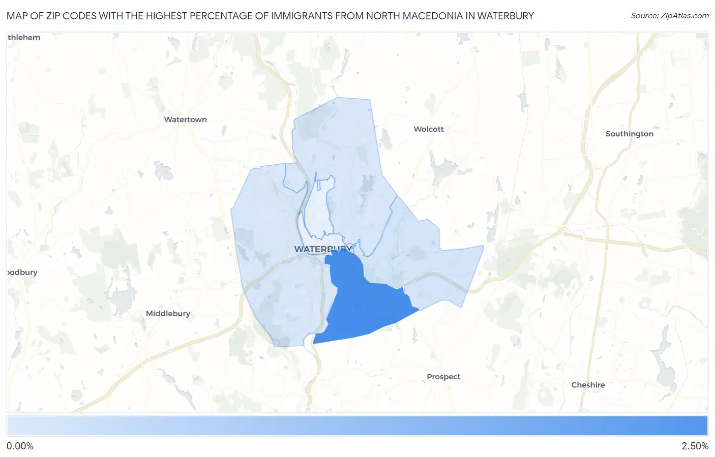 Zip Codes with the Highest Percentage of Immigrants from North Macedonia in Waterbury Map