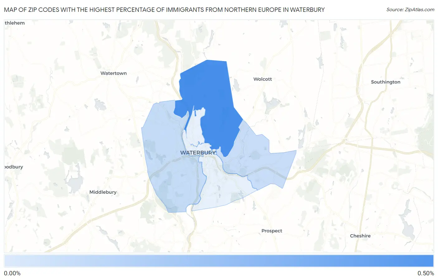 Zip Codes with the Highest Percentage of Immigrants from Northern Europe in Waterbury Map