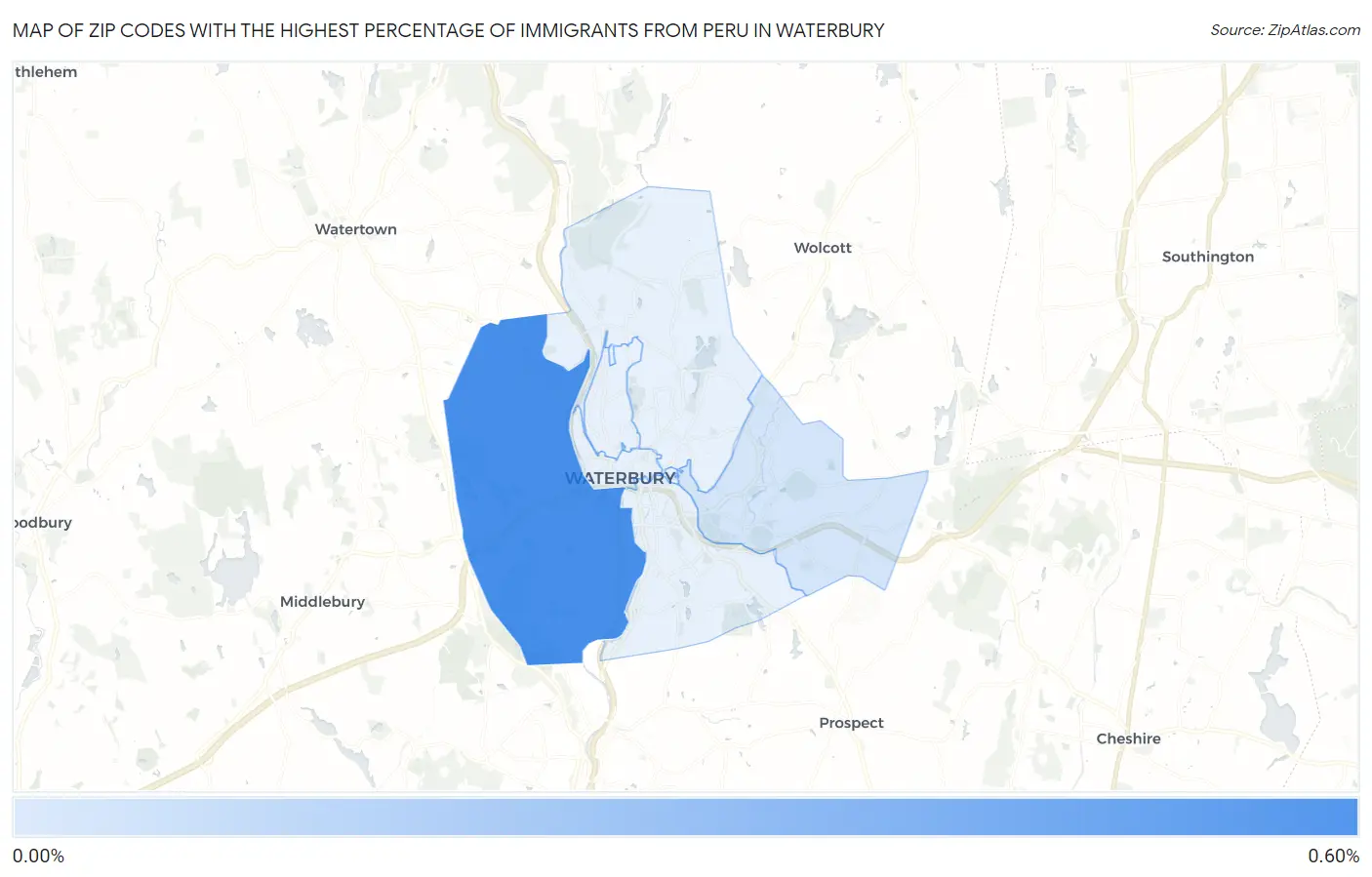 Zip Codes with the Highest Percentage of Immigrants from Peru in Waterbury Map