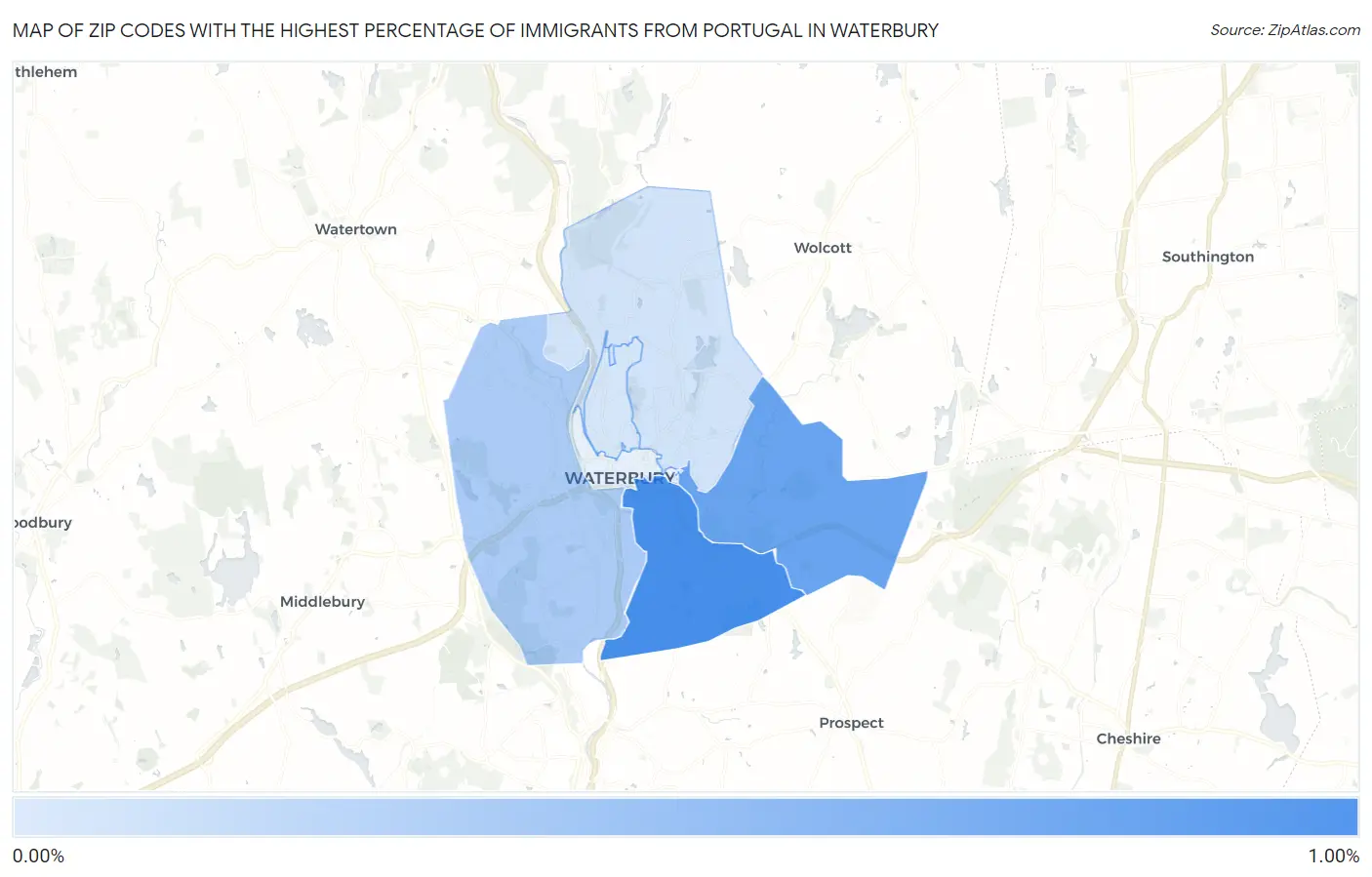 Zip Codes with the Highest Percentage of Immigrants from Portugal in Waterbury Map