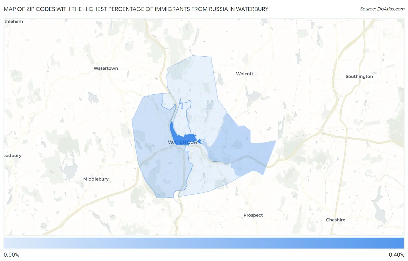 Zip Codes with the Highest Percentage of Immigrants from Russia in Waterbury Map