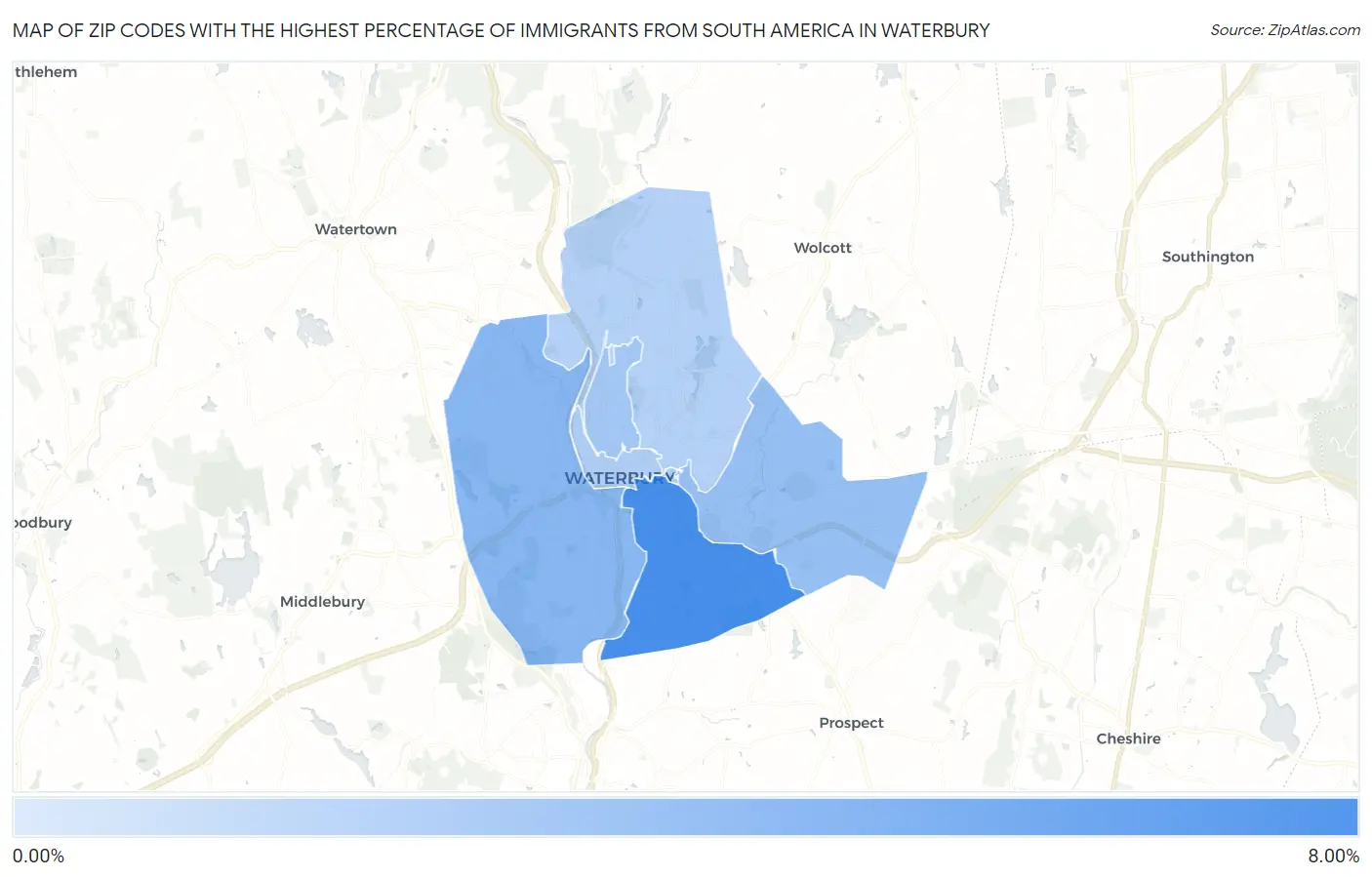Zip Codes with the Highest Percentage of Immigrants from South America in Waterbury Map