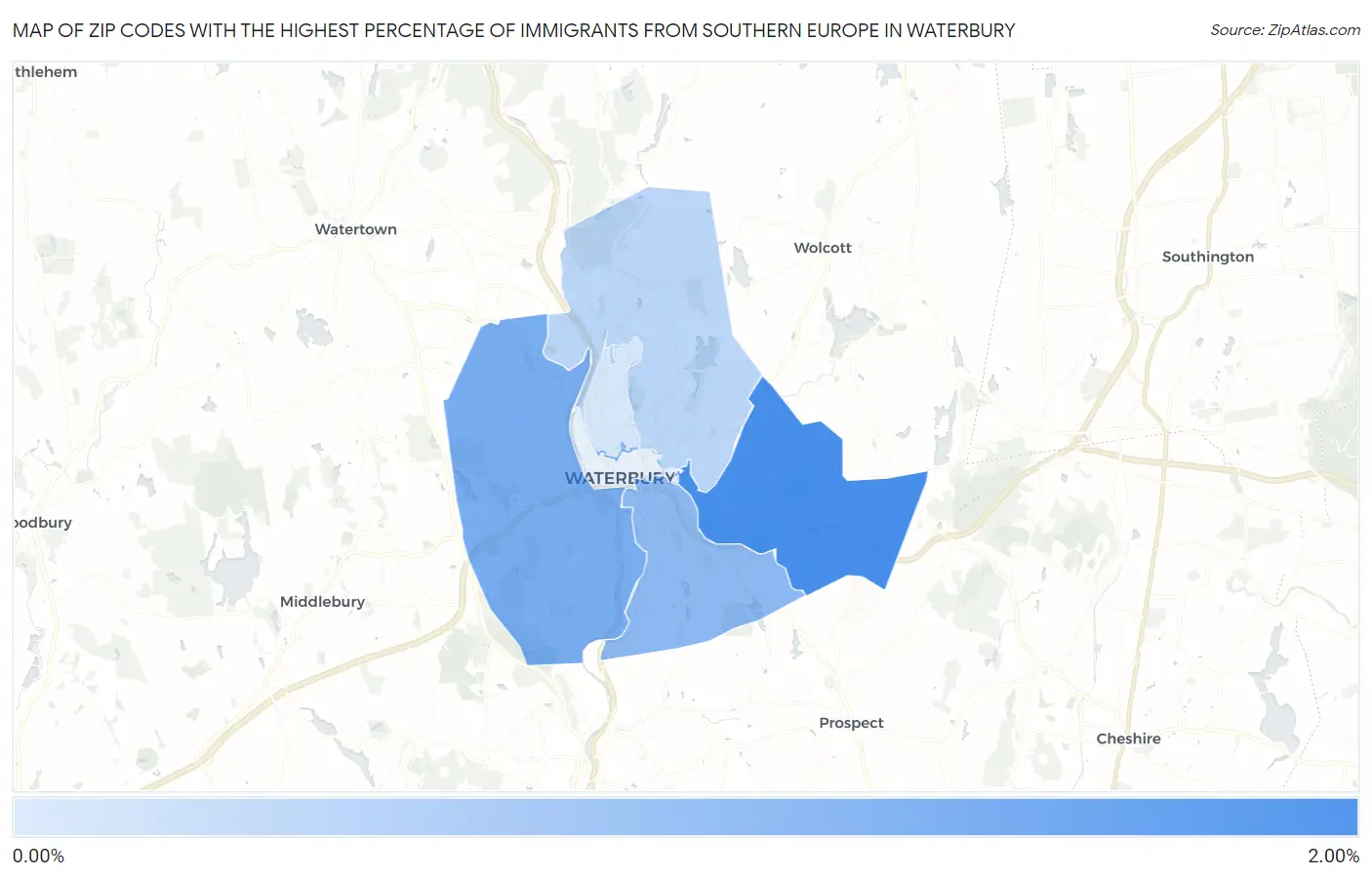 Zip Codes with the Highest Percentage of Immigrants from Southern Europe in Waterbury Map