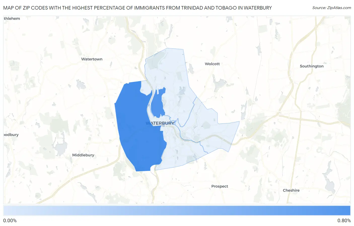 Zip Codes with the Highest Percentage of Immigrants from Trinidad and Tobago in Waterbury Map