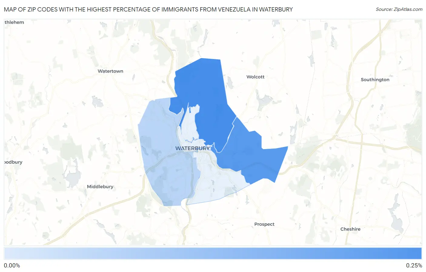 Zip Codes with the Highest Percentage of Immigrants from Venezuela in Waterbury Map