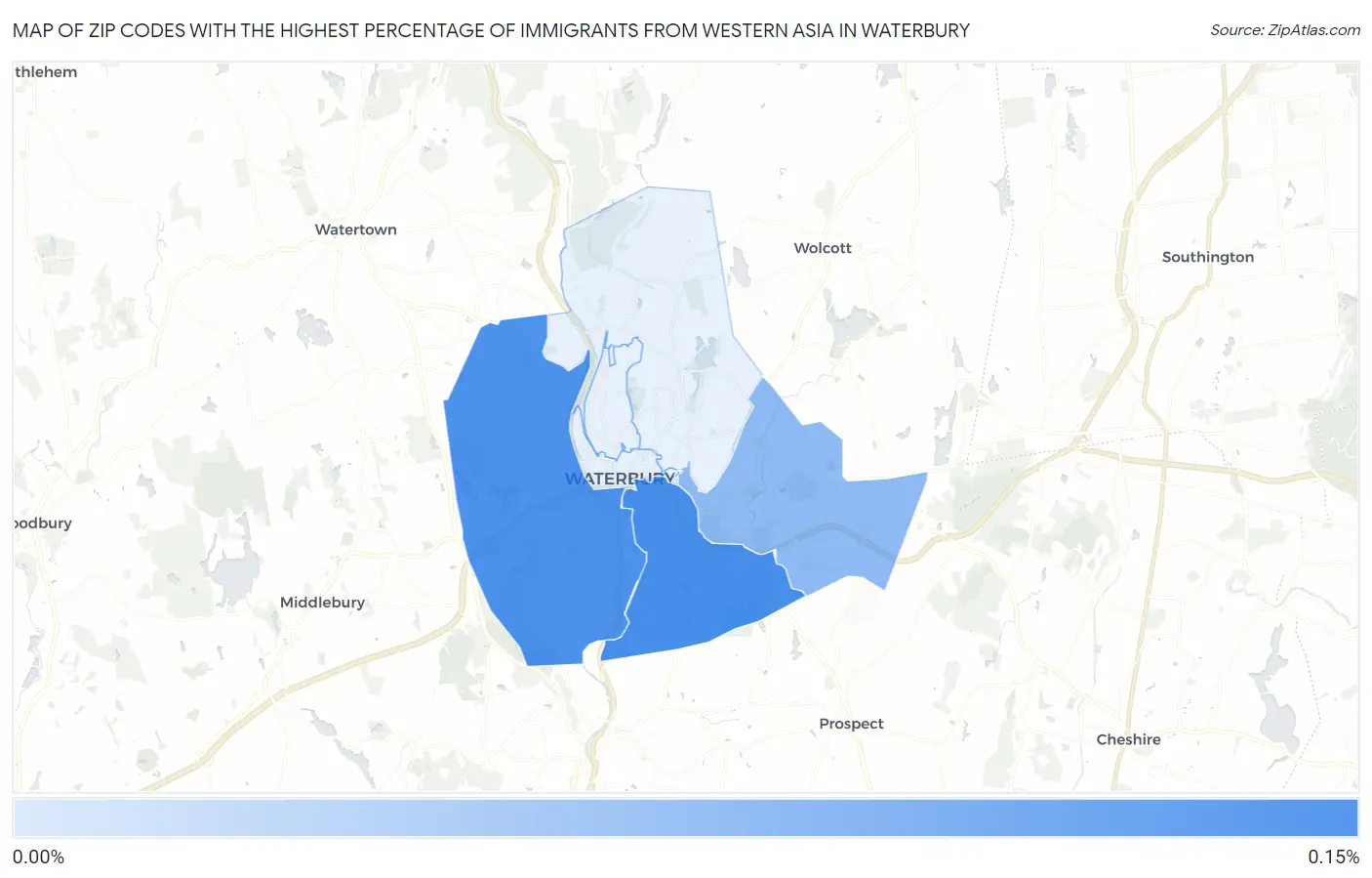 Zip Codes with the Highest Percentage of Immigrants from Western Asia in Waterbury Map