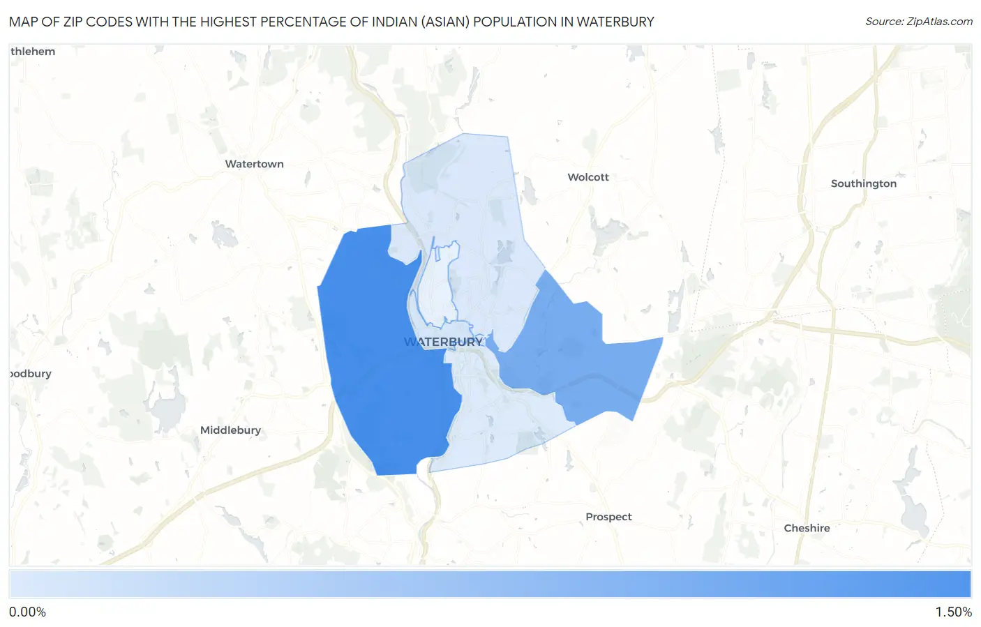 Zip Codes with the Highest Percentage of Indian (Asian) Population in Waterbury Map