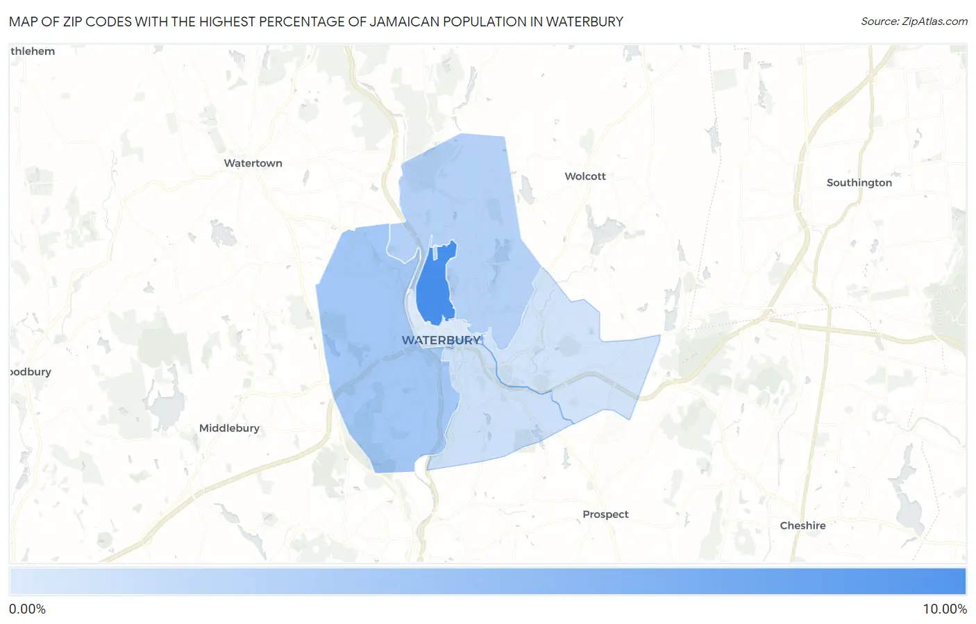 Zip Codes with the Highest Percentage of Jamaican Population in Waterbury Map