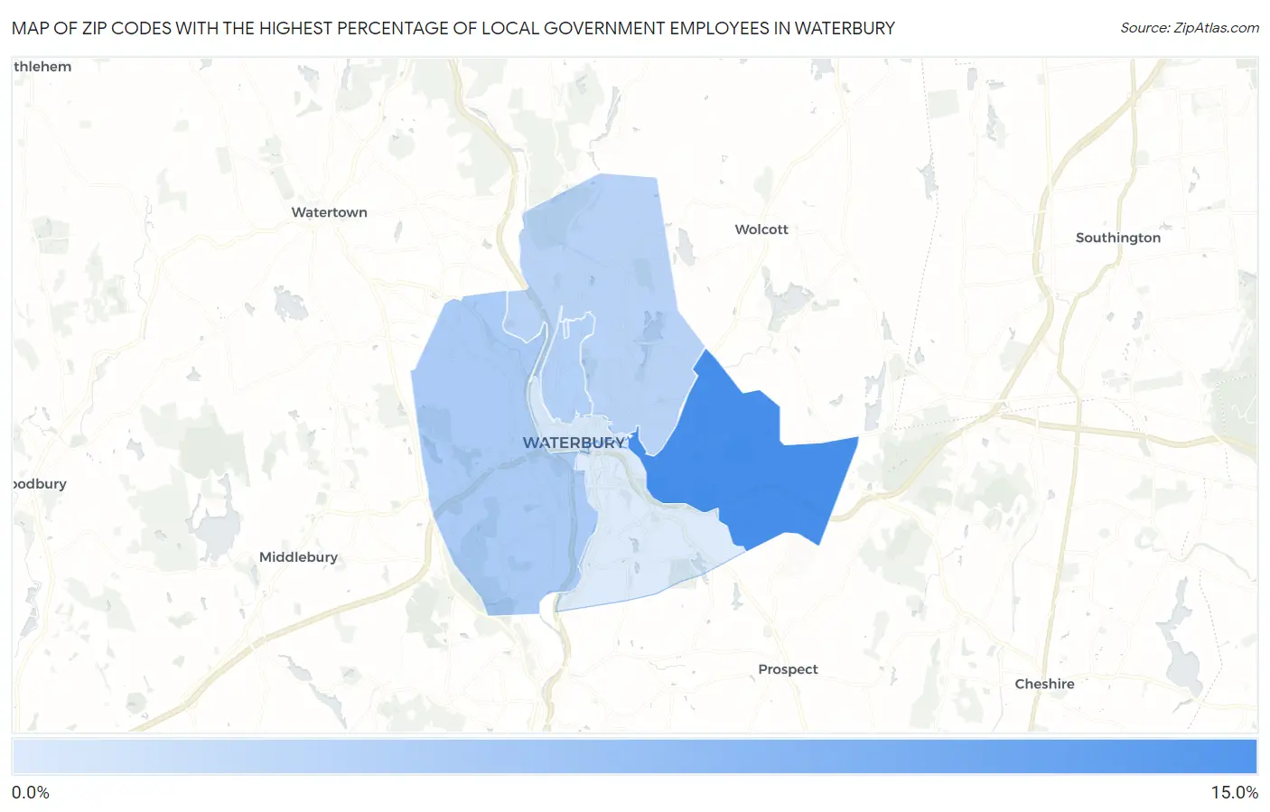 Zip Codes with the Highest Percentage of Local Government Employees in Waterbury Map