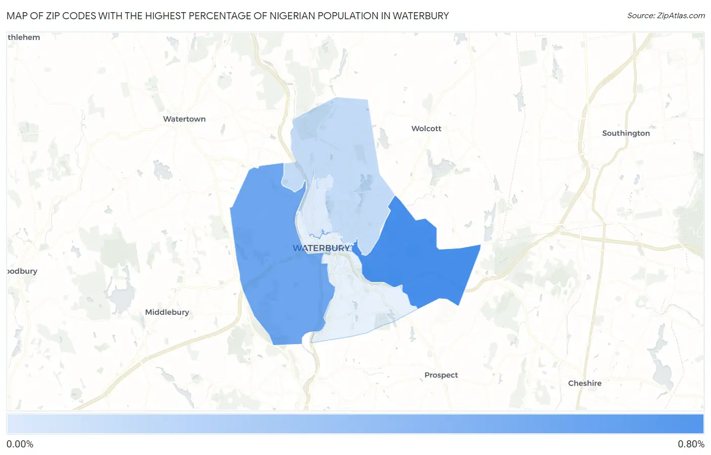 Zip Codes with the Highest Percentage of Nigerian Population in Waterbury Map