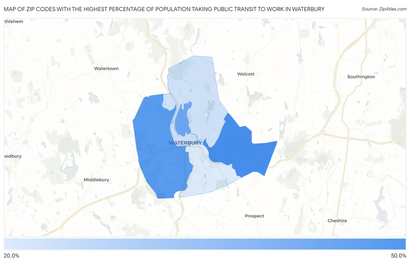 Zip Codes with the Highest Percentage of Population Taking Public Transit to Work in Waterbury Map
