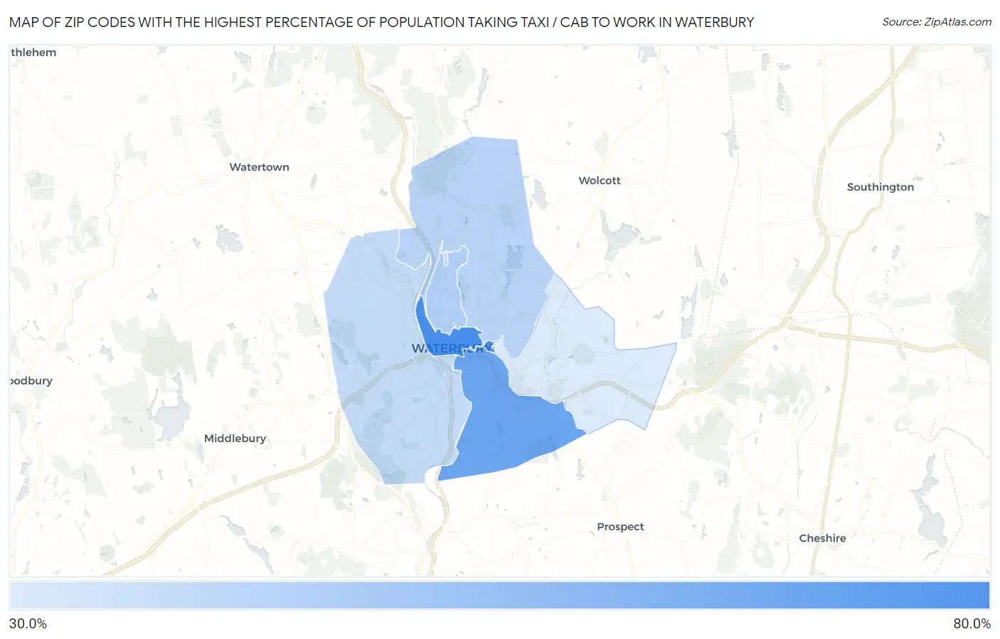 Zip Codes with the Highest Percentage of Population Taking Taxi / Cab to Work in Waterbury Map