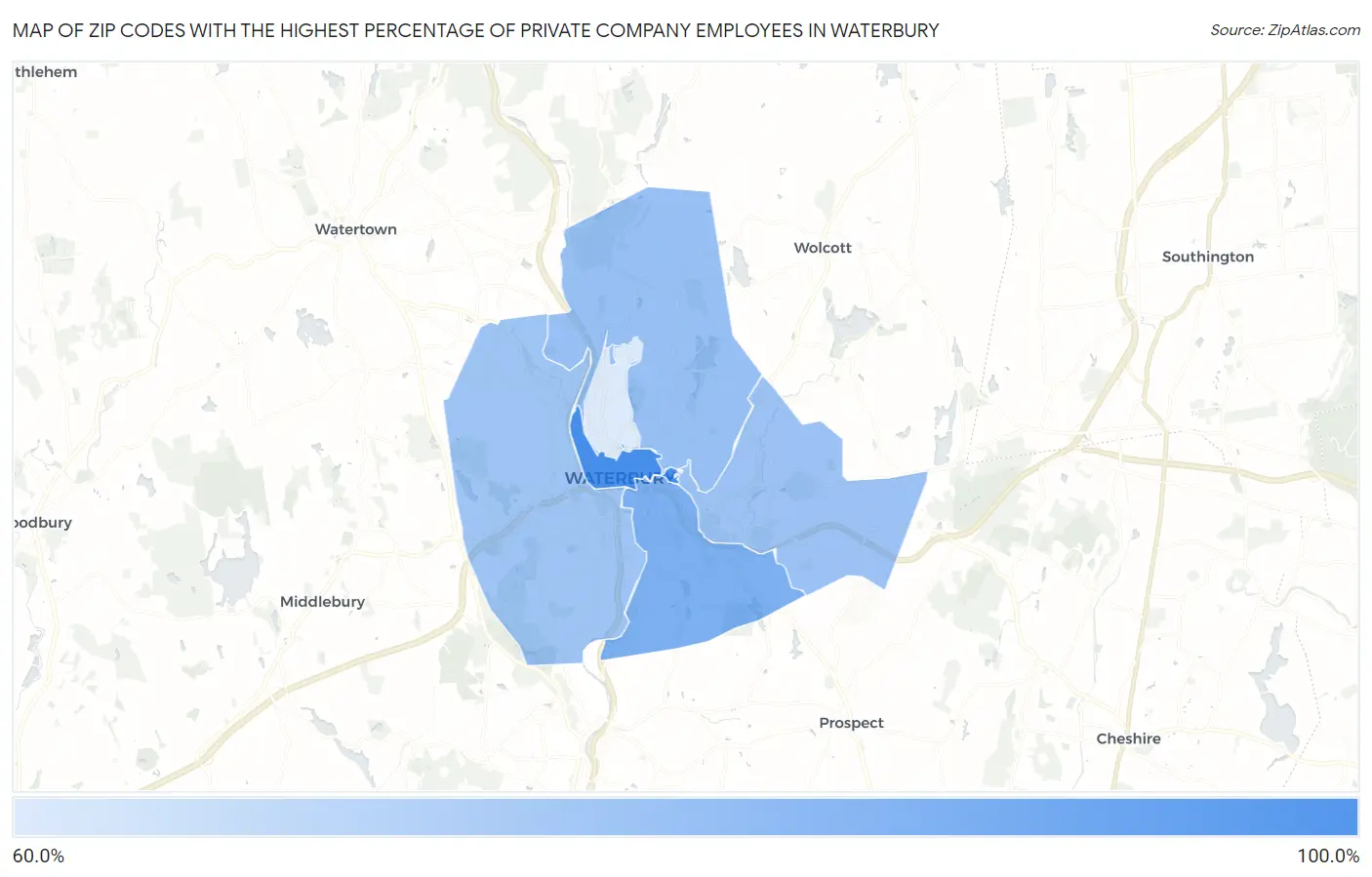 Zip Codes with the Highest Percentage of Private Company Employees in Waterbury Map