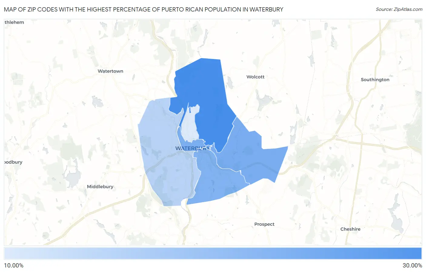 Zip Codes with the Highest Percentage of Puerto Rican Population in Waterbury Map