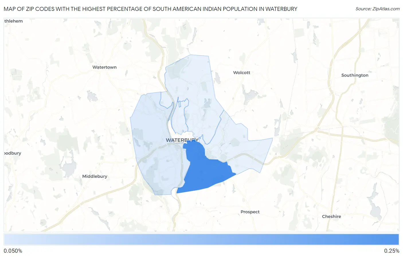 Zip Codes with the Highest Percentage of South American Indian Population in Waterbury Map