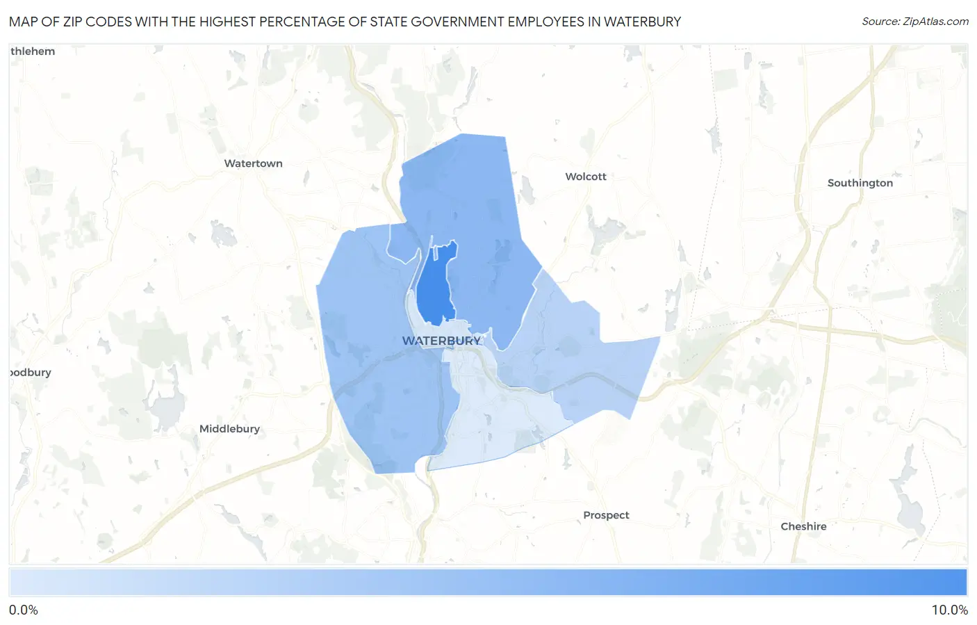 Zip Codes with the Highest Percentage of State Government Employees in Waterbury Map