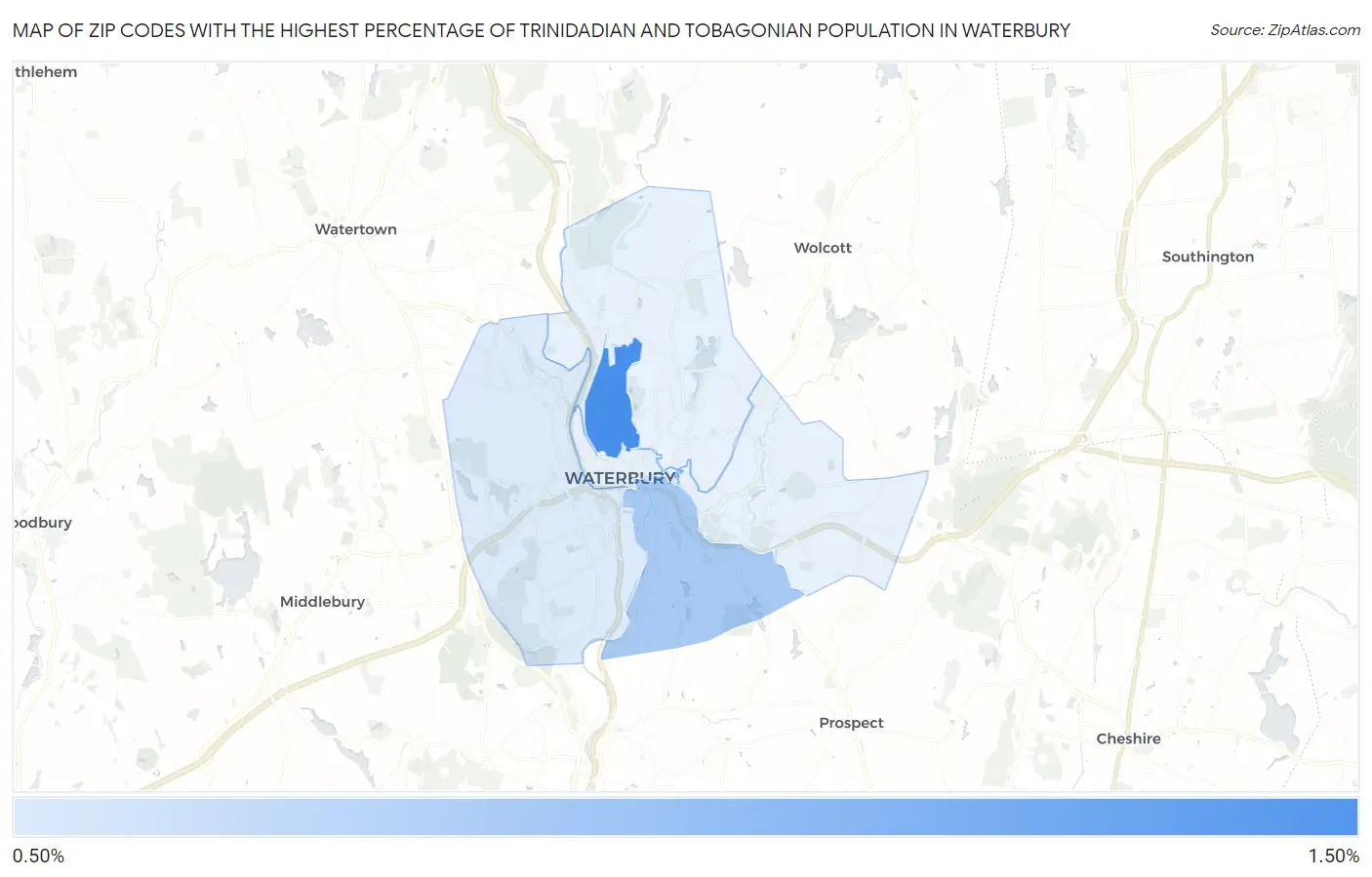 Zip Codes with the Highest Percentage of Trinidadian and Tobagonian Population in Waterbury Map