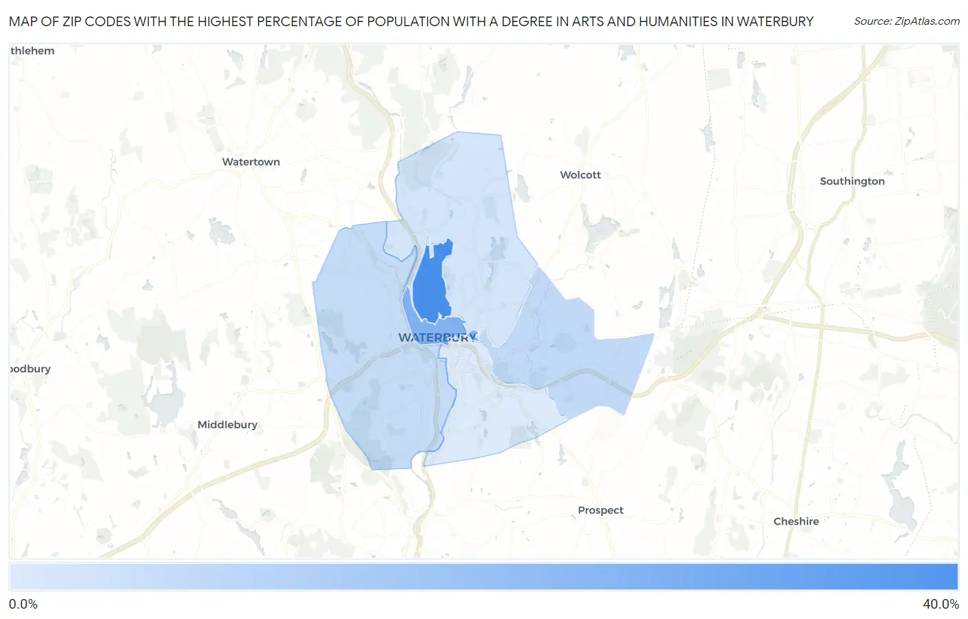 Zip Codes with the Highest Percentage of Population with a Degree in Arts and Humanities in Waterbury Map