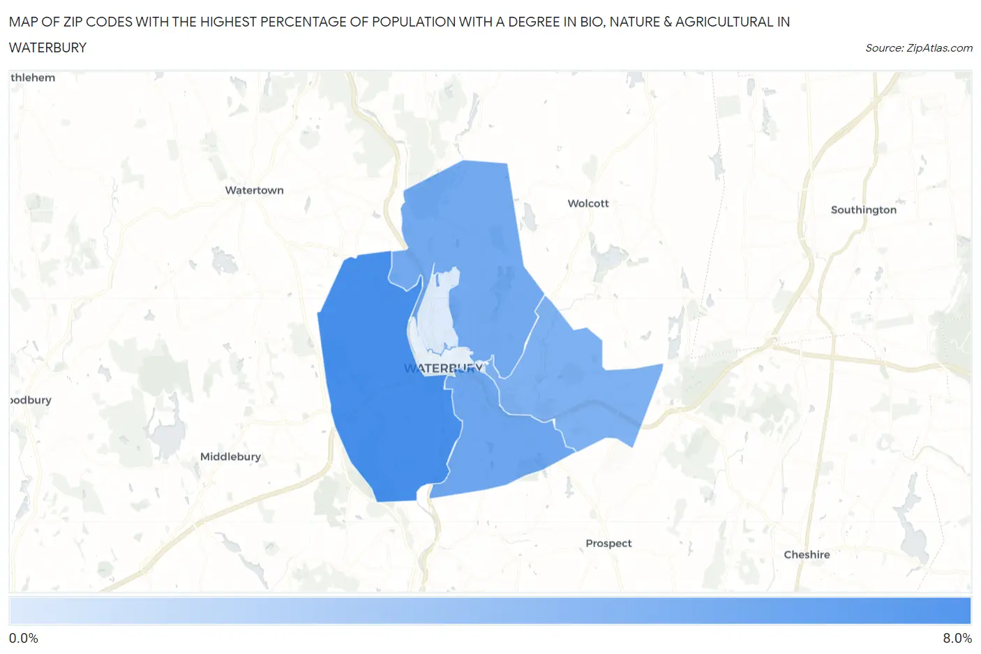 Zip Codes with the Highest Percentage of Population with a Degree in Bio, Nature & Agricultural in Waterbury Map