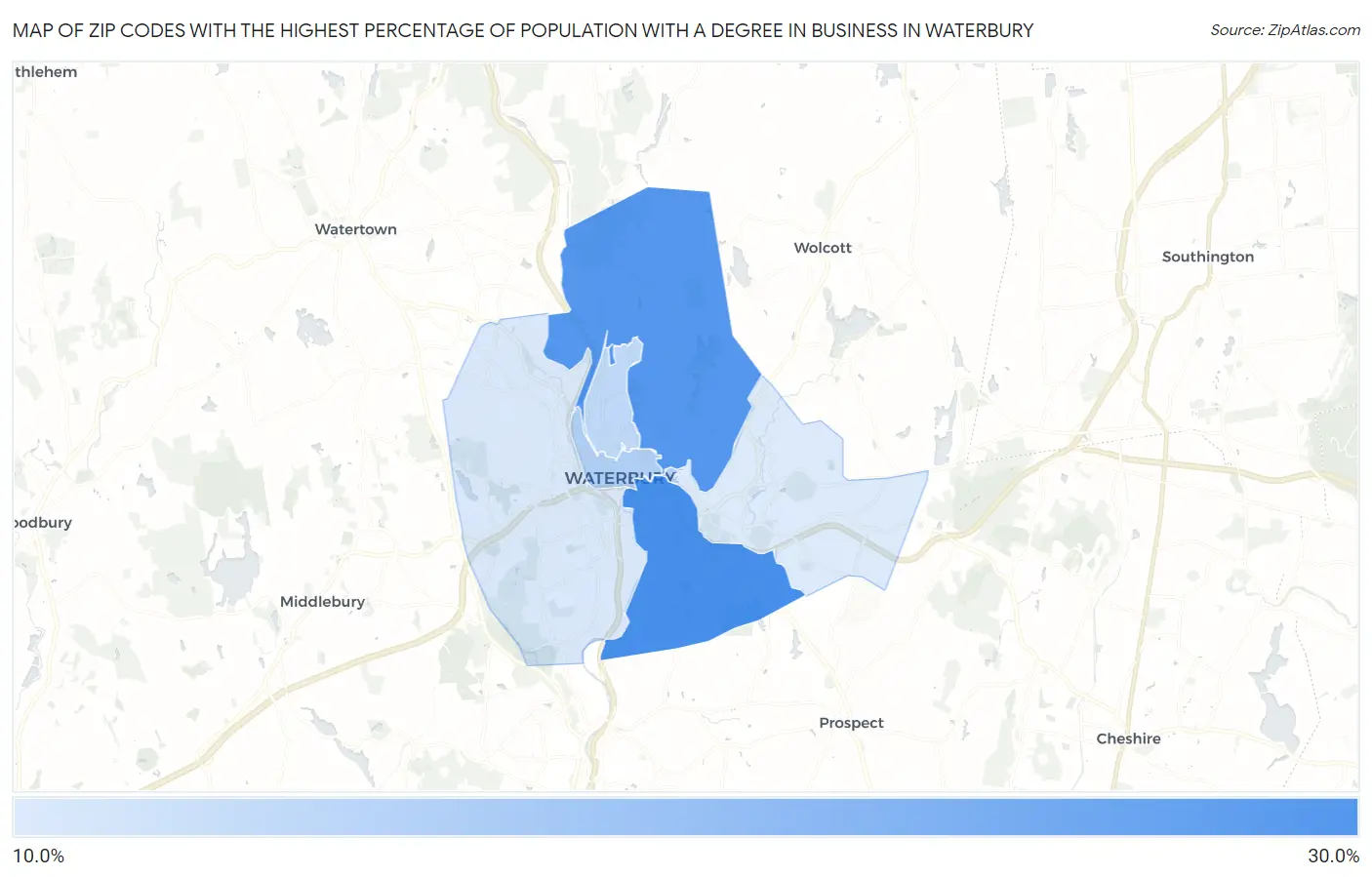 Zip Codes with the Highest Percentage of Population with a Degree in Business in Waterbury Map