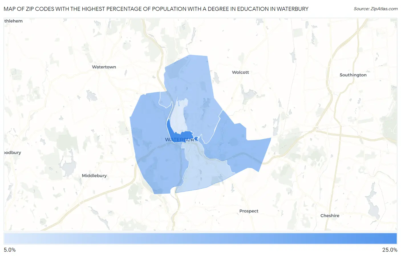 Zip Codes with the Highest Percentage of Population with a Degree in Education in Waterbury Map