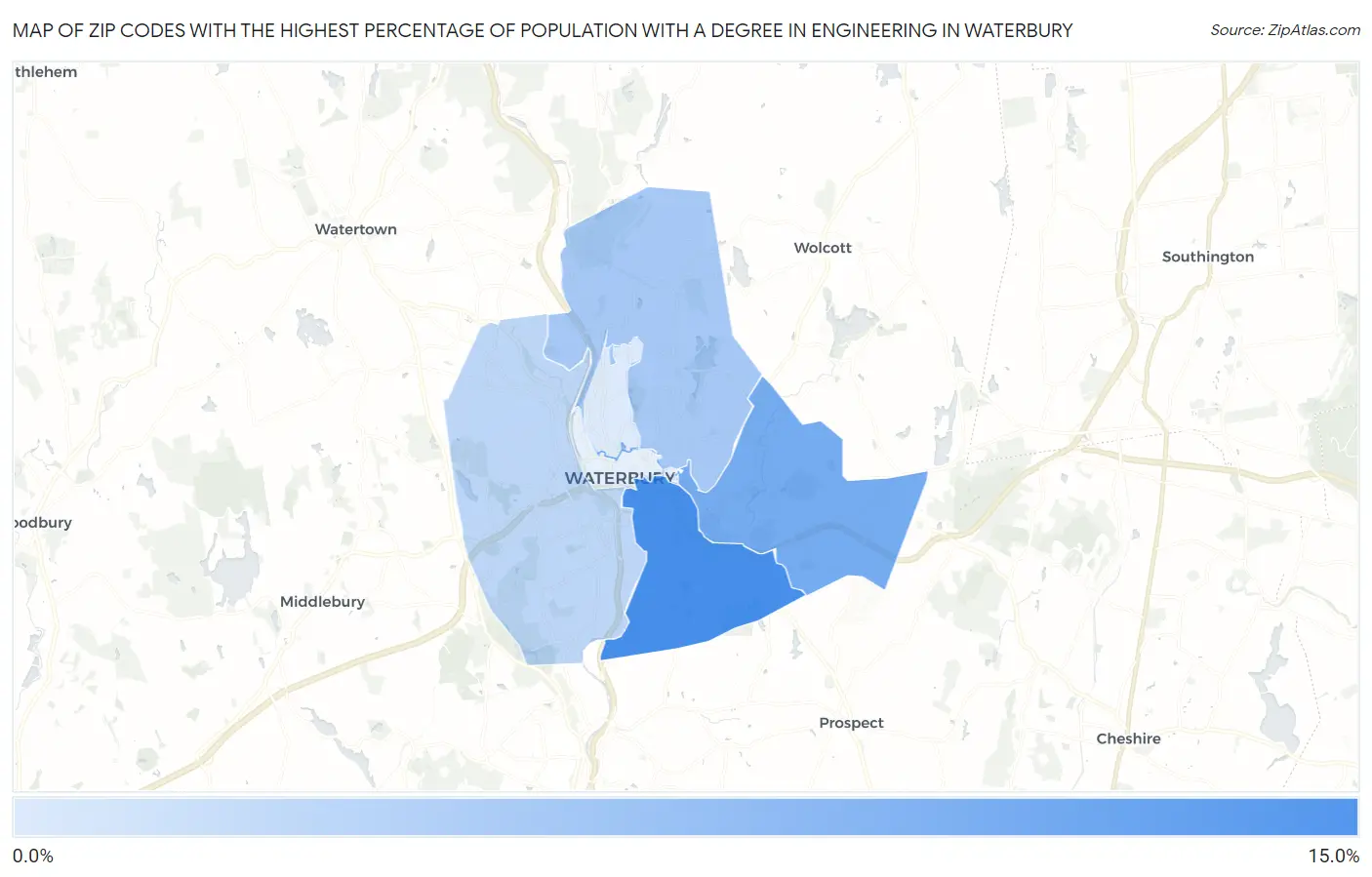Zip Codes with the Highest Percentage of Population with a Degree in Engineering in Waterbury Map